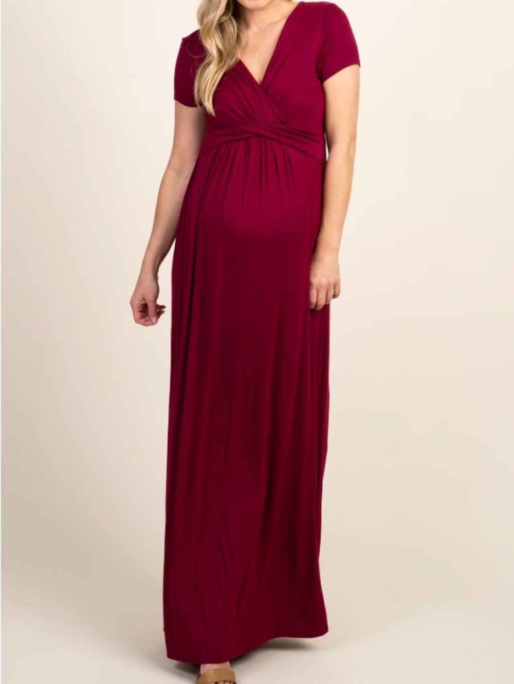 Pinkblush Burgundy Short-Sleeve Maxi Wrap Maternity Dress